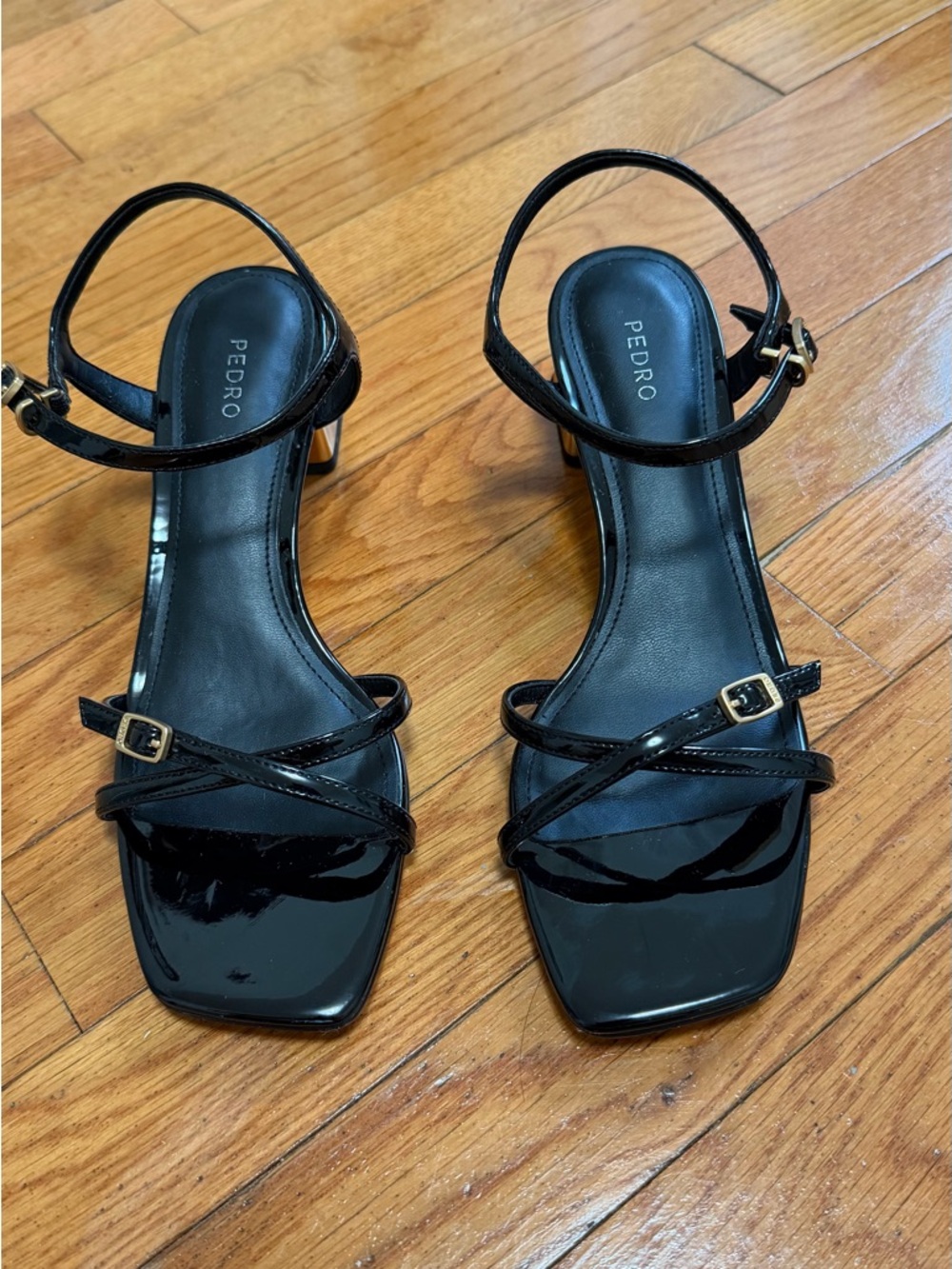 PEDRO Black Patent Strappy Square-Toe Block Heels